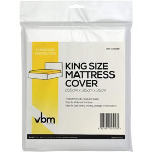 King-size mattress encased in a protective dust cover for moving, ensuring cleanliness and damage prevention.