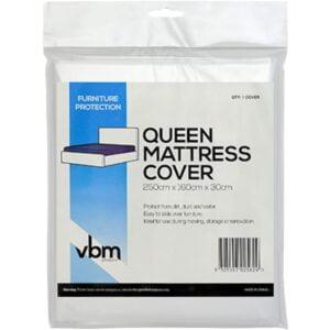 Queen-size mattress secured in a durable dust cover designed for moving, providing protection against dirt and scratches.