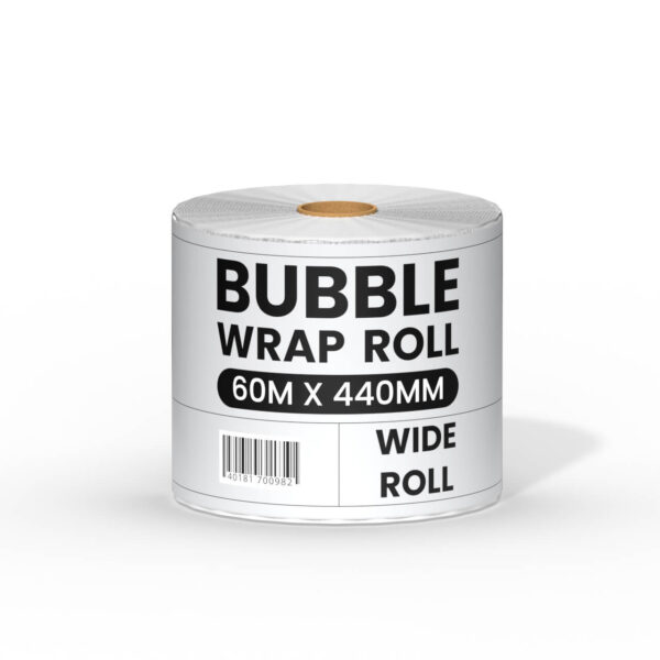 Bubble wrap roll 60m x 440mm wide, front view showcasing dimensions and packaging details, perfect for storage needs.