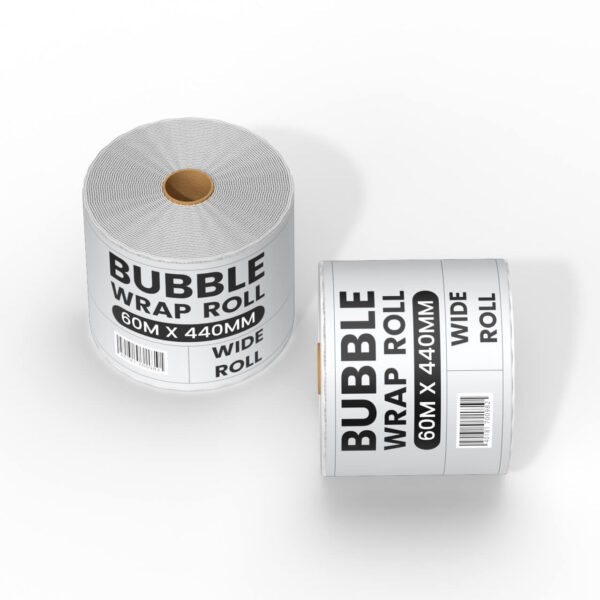 Bubble wrap roll 60m x 440mm wide, shown in top and side views, designed for secure packing and shipping.