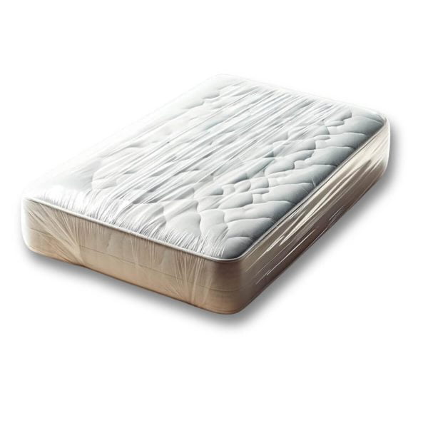 Photo of a StoreStuff moving mattress protector cover wrapped around a mattress.