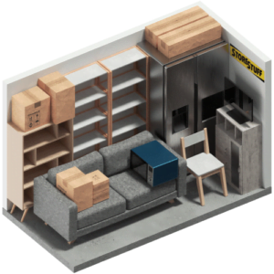 Diagram of a 2-bedroom storage unit at StoreStuff Self Storage, illustrating the approximate space available for furniture and boxes, designed for customers in Lower Hutt, Wellington.