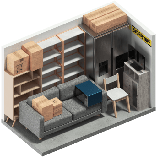 Diagram of a 2-bedroom storage unit at StoreStuff Self Storage, illustrating the approximate space available for furniture and boxes, designed for customers in Lower Hutt, Wellington.