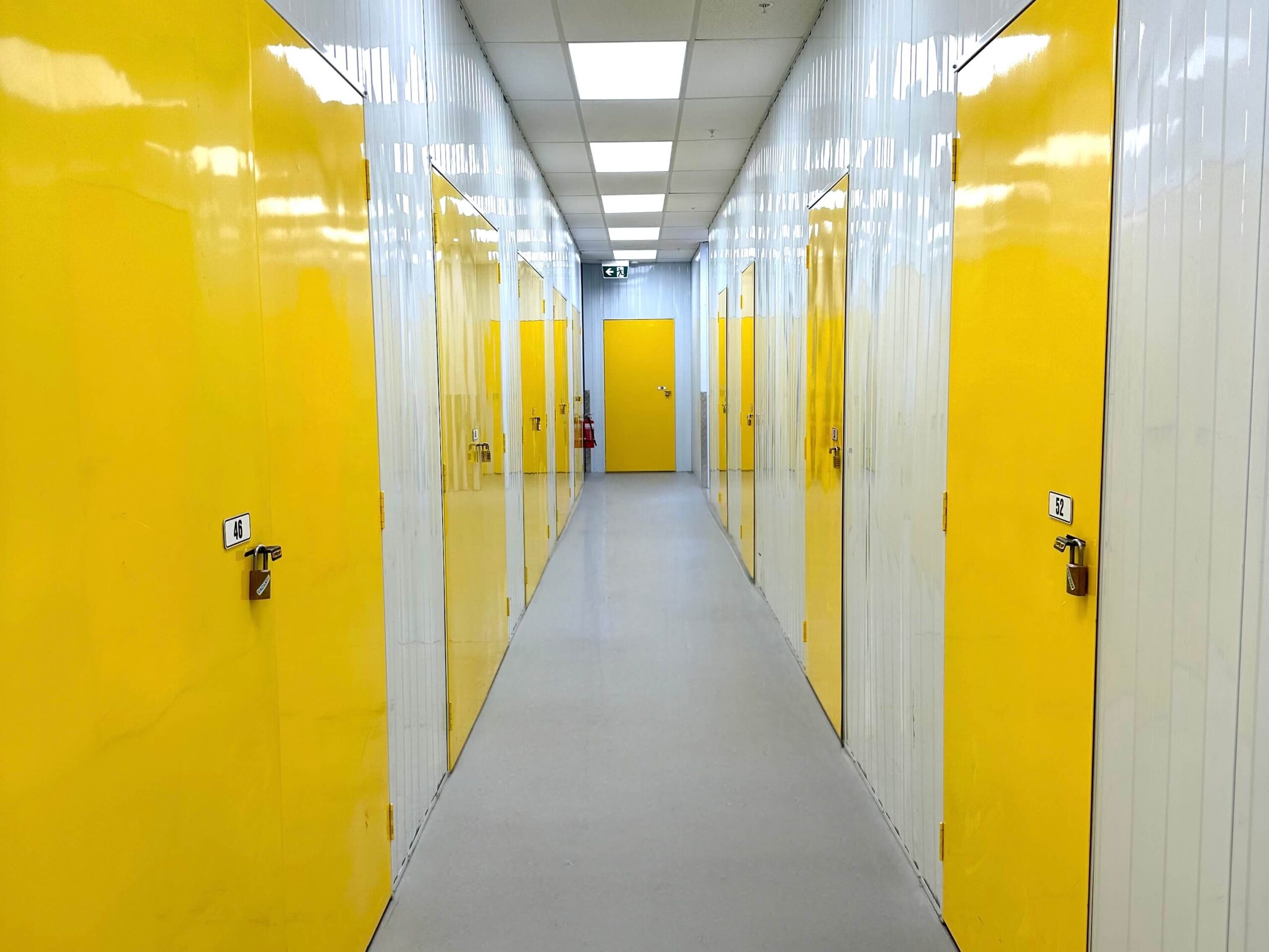 Brightly lit corridors at Wellington storage facility, ensuring a safe and inviting environment for customers.
