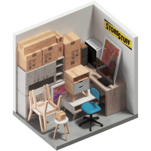 Illustration of a medium-sized storage unit at StoreStuff, demonstrating the space for a blend of furniture, appliances, and medium-sized boxes, suitable for various personal and business storage needs.