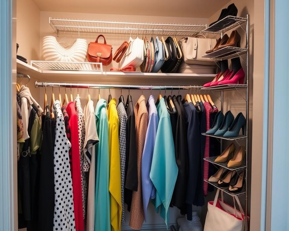 space-saving hangers and hanging accessories in a small closet