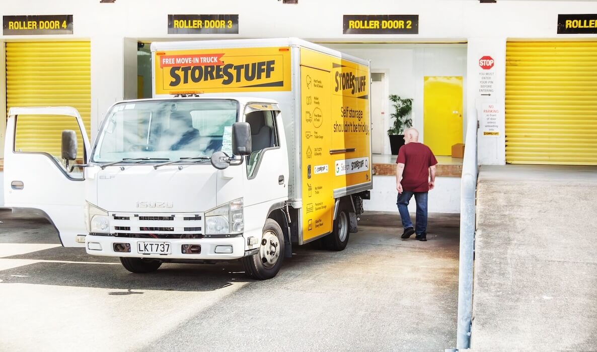 Self storage facility truck hire in use, showing ease of access to storage units.