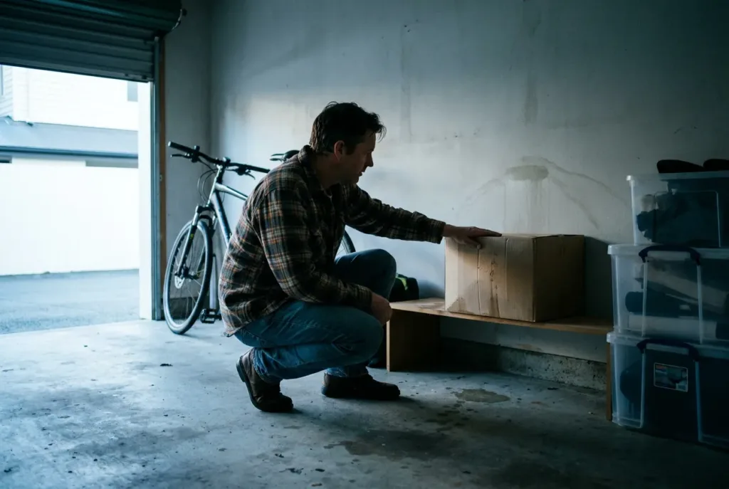Homeowner checking a damp cardboard box for water staining in a Wellington garage