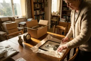 Person carefully packing a treasured keepsake while downsizing from a Wellington family home