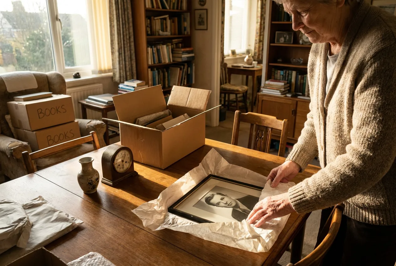 Person carefully packing a treasured keepsake while downsizing from a Wellington family home