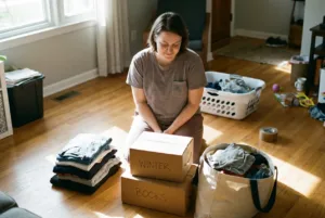 Person sorting belongings into keep, donate and storage piles during a Wellington spring clean