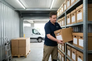 Small business owner stacking labelled storage boxes onto shelving at StoreStuff Wellington