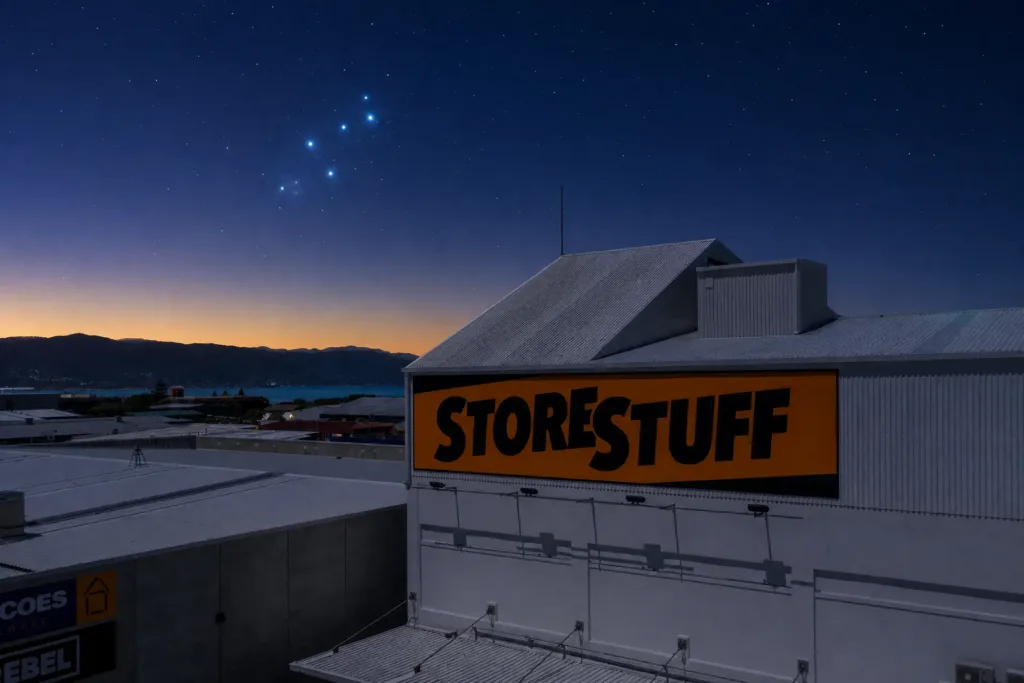 StoreStuff Wellington storage facility under a pre-dawn sky with the Matariki star cluster rising over the hills