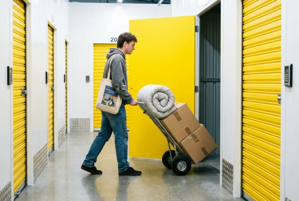 Wellington university student wheeling boxes into a small storage unit during the mid-year flat move