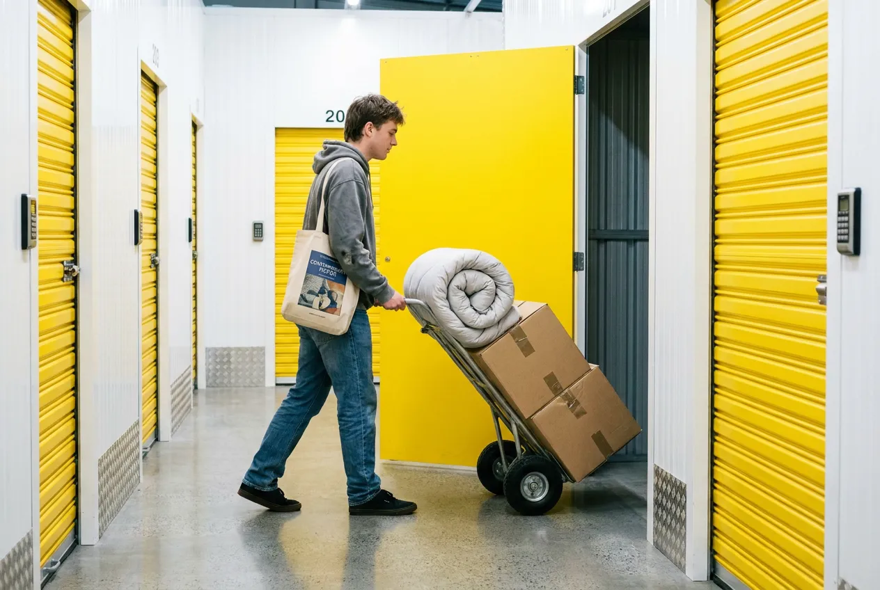 Wellington university student wheeling boxes into a small storage unit during the mid-year flat move